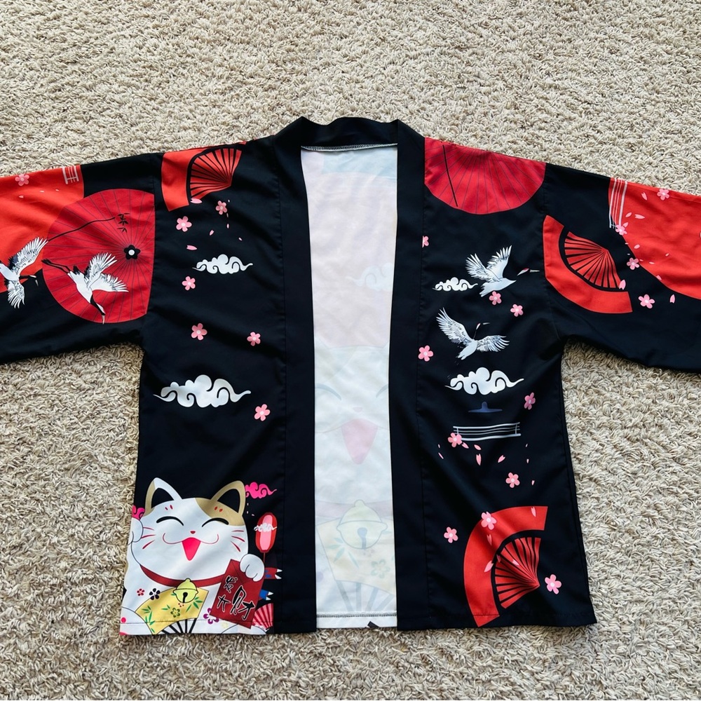 Black and Red Kimono/cover up with Maneki Neko and Crane Design